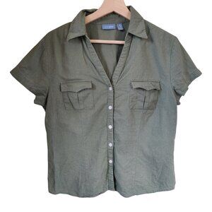 Tres You Green Linen Blend Button-Up Short Sleeve Size 12